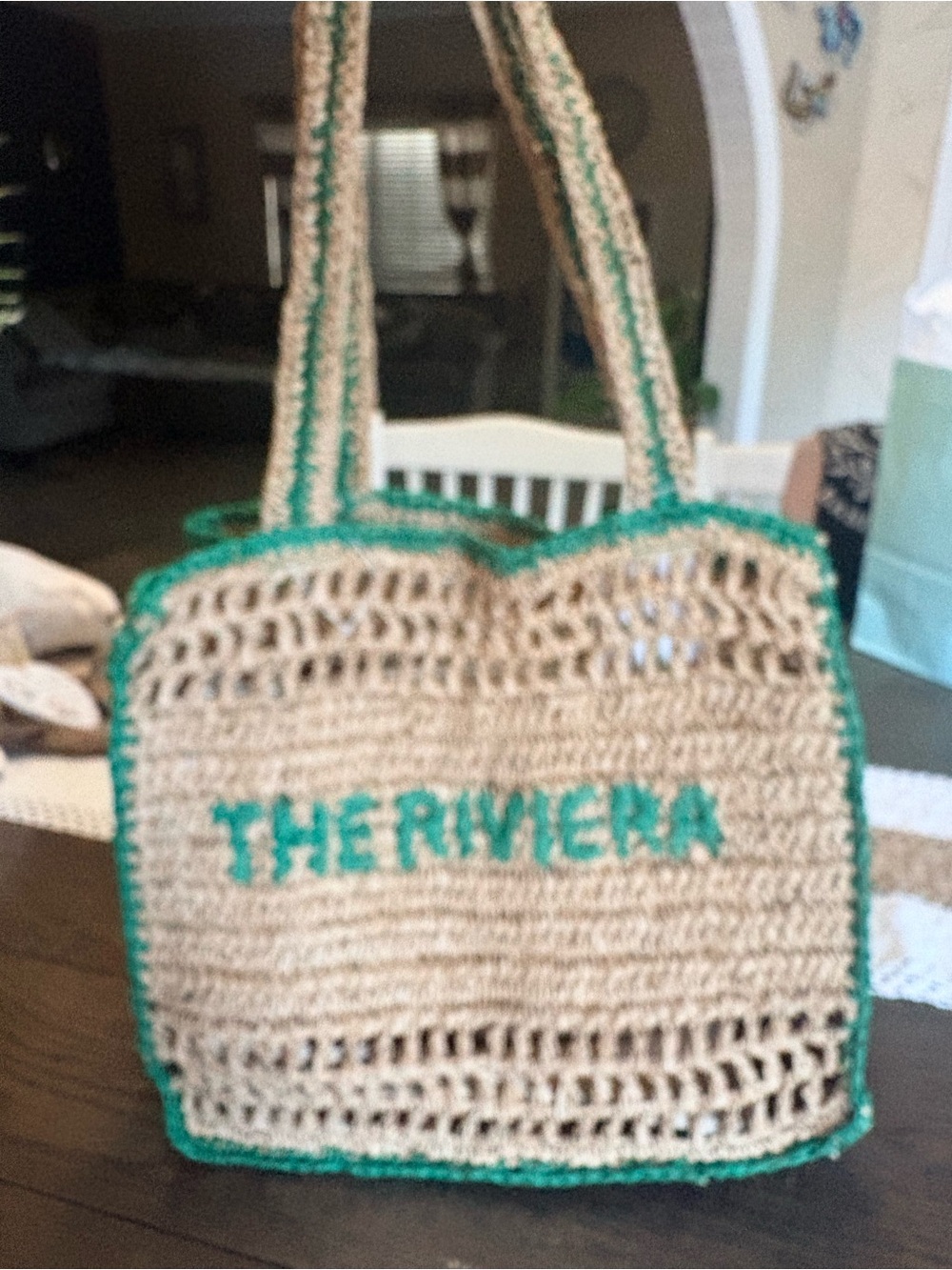 C&C California Riviera Natural Crochet Tote with Green Trim NWT - Picture 6 of 8